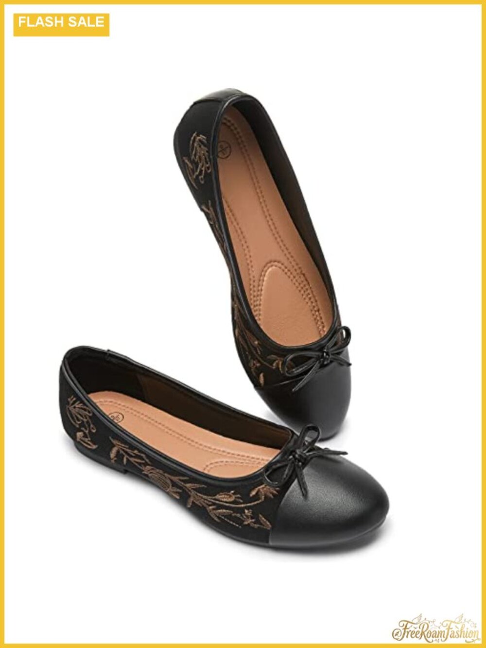 Women's Embroidered Ballet Flats with Bow, Memory Foam Insole, Comfortable